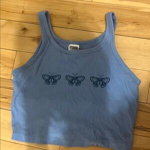 Blue Fitted Crop Tank Top with Butterfly Design